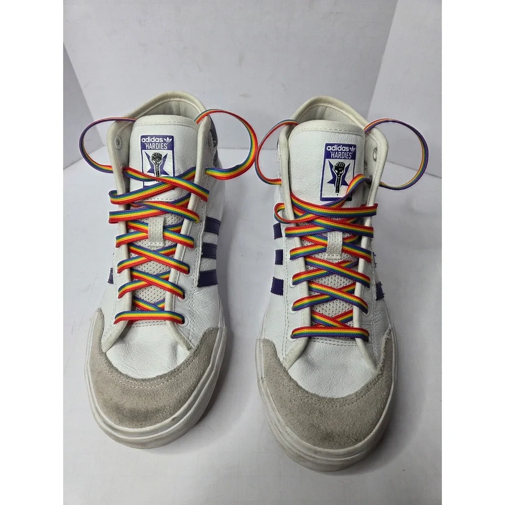 Adidas Matchcourt High RX Hardies White Purple Rainbow Laces F36438‎ Mens 5.5